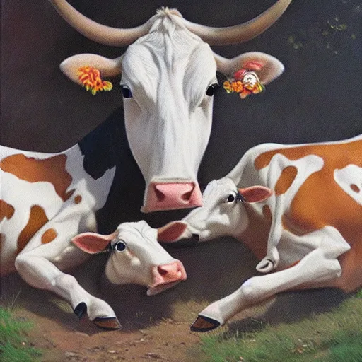 Prompt: a cow eating another cow, highly detailed, fantasy art