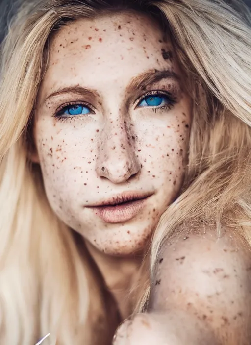 Image similar to Portrait Photography closeup of a Blonde Girl, Young Beautiful Face, Green Eyes, Freckles, Wearing a white crop-top and jeans, with a subtle smile, Epic, Charming, Character, trending on 500px