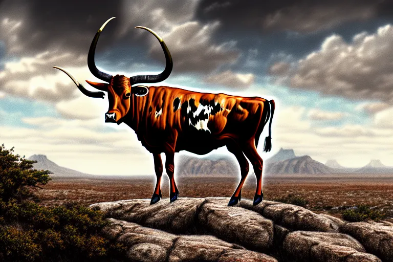 Image similar to a sketch of a longhorn steer on a high bluff in big bend, key visual, extremely moody, highly detailed, digital painting, sharp focus, illustration, unreal engine