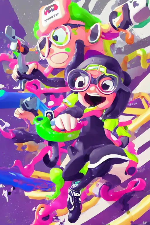 Image similar to splatoon nintendo dynamic poses digital painting on canvas, trending on artstation, featured on pixiv, cinematic composition, 8 k