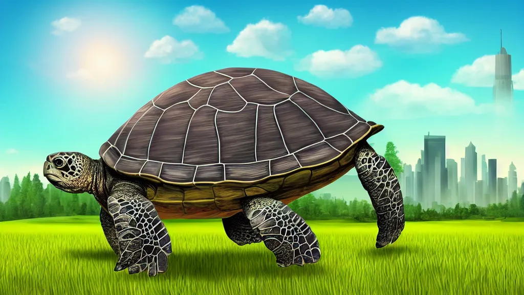 Image similar to Giant turtle with a city on it's back, walking through an open field, forest visible in the background