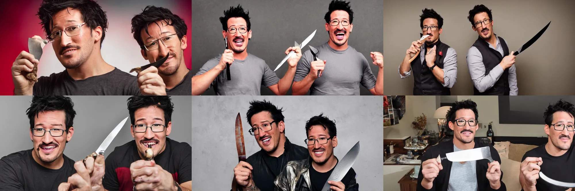 Prompt: an award winning photo of markiplier holding a knife menacingly