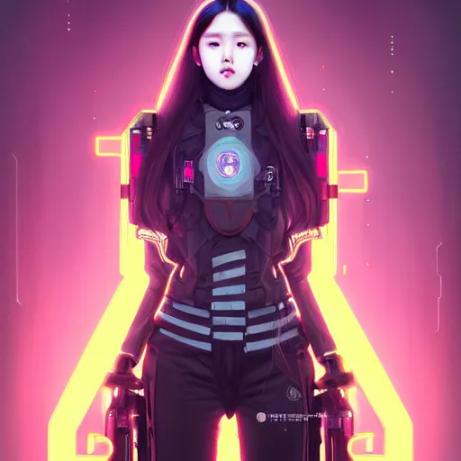 Image similar to portrait painting of olivia hye kpop as a cheerful smiling cyberpunk mercenary, ultra realistic, concept art, intricate details, eerie, highly detailed, photorealistic, octane render, 8 k, unreal engine. art by artgerm and greg rutkowski and magali villeneuve and alphonse mucha