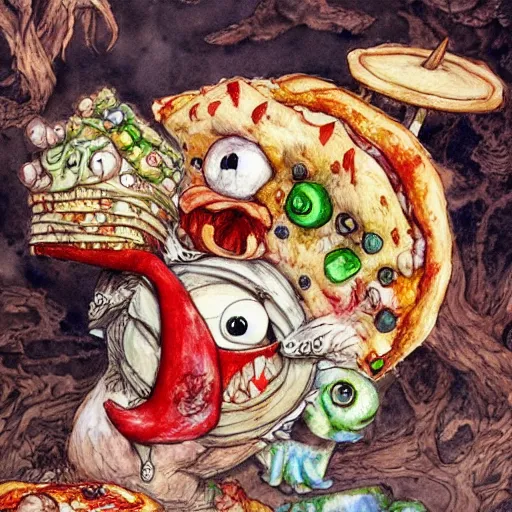 Image similar to a cute monster made of pizza, watercolor, pen and ink, intricate line drawings, by Yoshitaka Amano, Ruan Jia, Kentaro Miura, Artgerm, detailed, trending on artstation, hd, masterpiece,