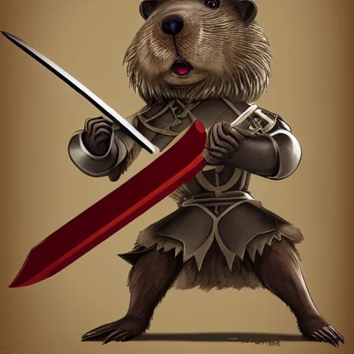 Image similar to anthropomorphic beaver, medieval holy crusader knight, holding enormous sword, studio ghibli, 8k, trending on artstation