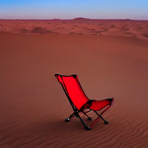 Image similar to a red camping chair in the middle of the sahara desert. the chair is far away from the camera.