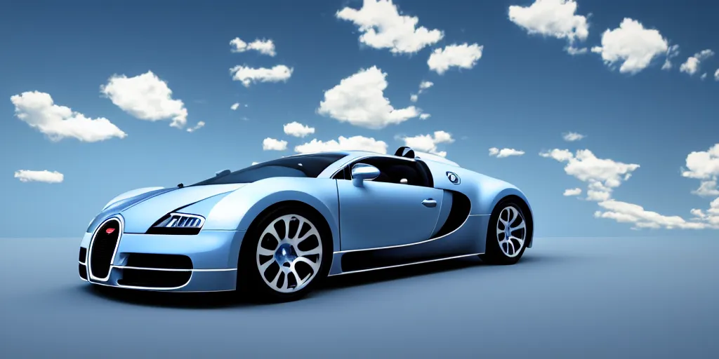 Prompt: bugatti veyron on a cloud, 3 d render, volumetric lighting, blue skies