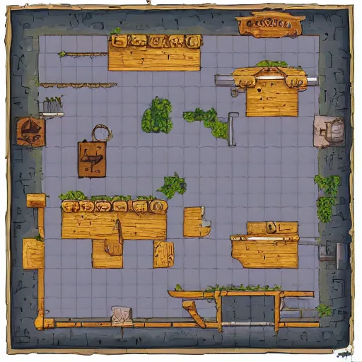 Prompt: A 520x520 detailed vector art presenting an aerial view of a cartoonish tavern by dungeondraft, Patreon content, containing tables and walls, HD, straigth lines, vector, grid, dnd map , map patreon, fantasy maps, foundry vtt, fantasy grounds, aerial view ,dungeondraft , tabletop, inkarnate, dugeondraft, roll20