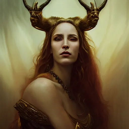 Image similar to majestic gracious regal seductive hekate portrait, ancient greece, atmospheric lighting, painted, menacing, intricate, volumetric lighting, beautiful, rich deep colours masterpiece, golden hour, sharp focus, ultra detailed, by leesha hannigan, ross tran, thierry doizon, kai carpenter, ignacio fernandez rios