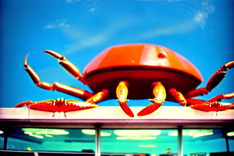 Image similar to 1 9 8 5 crab themed giant aquarium, googie architecture, one point perspective, americana, fishcore, exterior photography, hd 8 k, photography cinestill