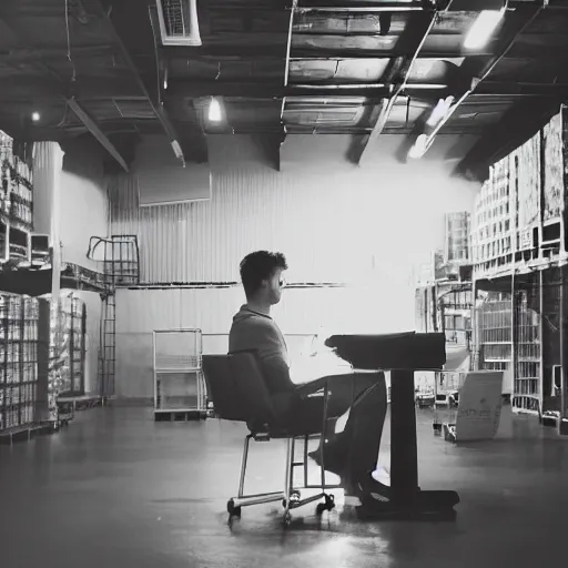 Image similar to a close up man using a laptop inside in warehouse, he sitting on chair and small table, polaroid photo, view from back