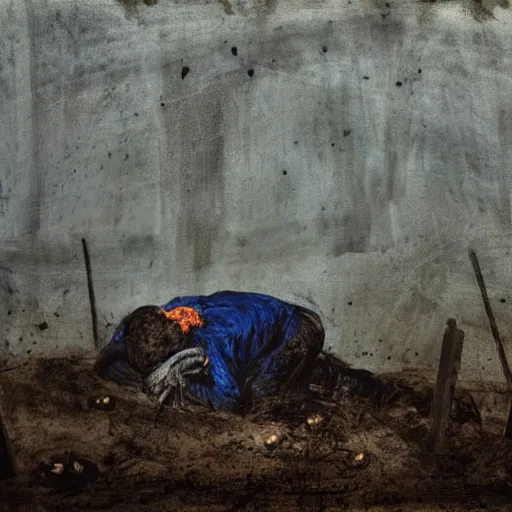 Image similar to one man in a cemetery digging up a dead body, by nicola samori, painting, 8 k, high detail, medium blue, orange, and dark green tones, high quality, sad feeling, high detail, dark colors, sinister atmosphere, dramatic lighting, cinematic, establishing shot, extremely high detail, photo realistic, cinematic lighting