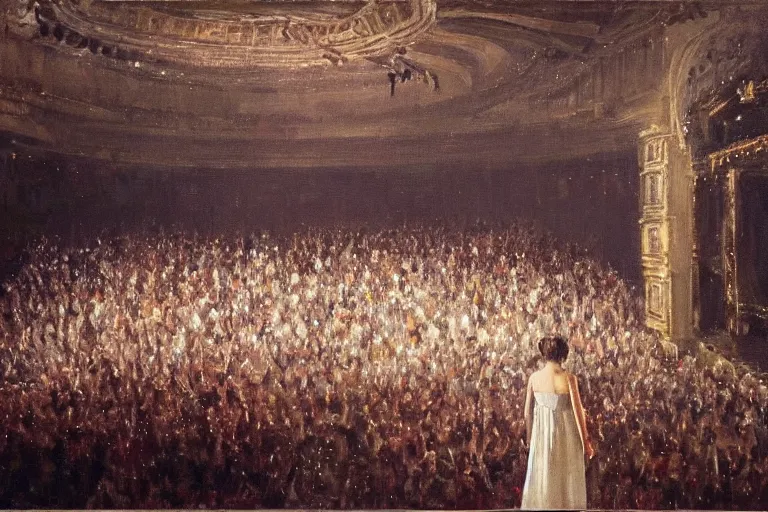 Image similar to Painting by Greg Rutkowski, hundreds of spectators look at an illuminated girl in a white long dress on a theater opera stage with an orchestra, view from the hall