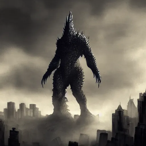 Prompt: Kaiju towering above New York, dark souls concept art, dramatic lighting, highly stylized, high-quality wallpaper, desktopography W-1024