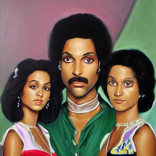 Image similar to a highly detailed painting. 1987-era Prince behind two beautiful twin sisters. Prince is green with jealousy. Photorealistic. Trending on Artstation.