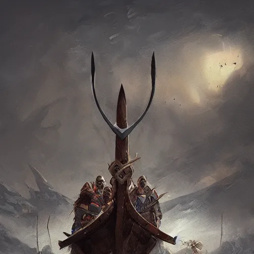 Prompt: war viking ship, viking spears and axes. bright art masterpiece artstation. 8 k, sharp high quality artwork in style of greg rutkowski, concept art by tooth wu, blizzard warcraft artwork