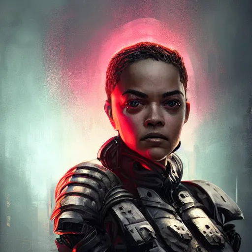 Image similar to tessa thompson portrait, dystopia core, apocalyptic, armor, warrior, dramatic, sharp focus, fiction, neon, fantasy, hyper detailed, digital art, trending in artstation, cinematic lighting, studio quality, smooth render, unreal engine 5 rendered, octane rendered, art style and nixeu and wlop and krenz cushart