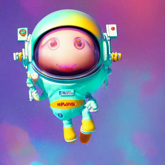 Image similar to a cute astronaut, pixar animation style, soft colors, by lisa frank, octane render, by takashi murakami, colorful, spectral color, 5 d, ultra - hd, happy, good, mini, volumetric lighting