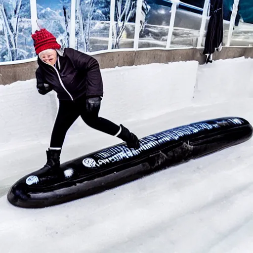 Image similar to sports illustrated photo, an elderly woman sliding down an incredibly long ice luge on her back at incredibly high speeds