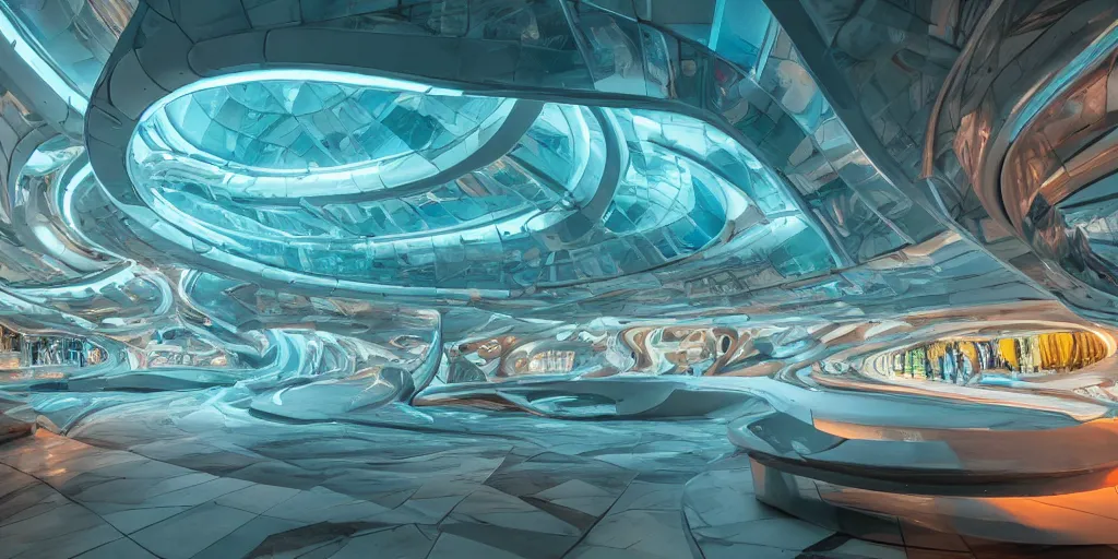 Image similar to extremely detailed stunning beautiful futuristic smooth curvilinear museum interior, colorful, hyper real, 8k, 3D cinematic volumetric light