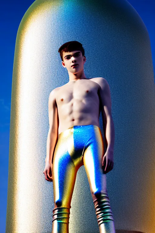 Image similar to un ultra high definition studio quality photographic art portrait of a young man standing on the rooftop of a british apartment building wearing soft baggy inflatable padded silver iridescent pearlescent clothing. three point light. extremely detailed. golden ratio, ray tracing, volumetric light, shallow depth of field. set dressed.