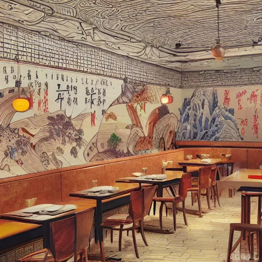 Prompt: a beautiful hyperdetailed interior 4 k hd wallpaper illustration of roasted string hotpot restaurant restaurant yan'an, corner, simple style, wall painting, from china, with merchant logo, simple structure, surrealistic, chinese style, victo ngai