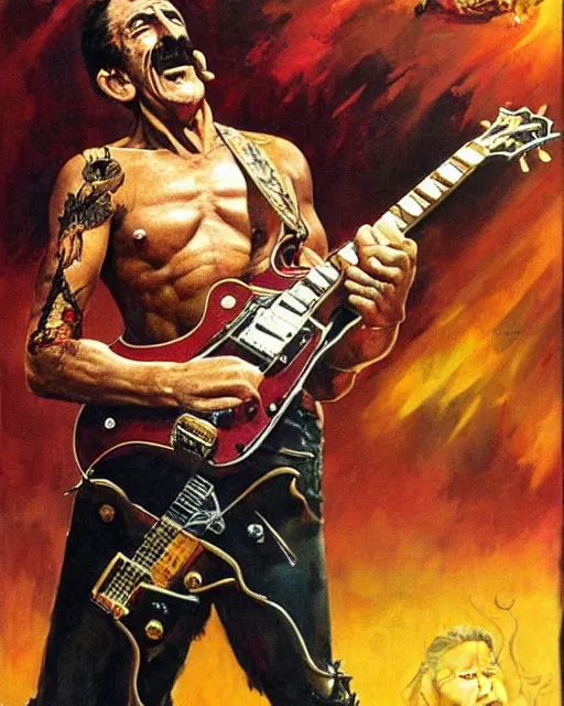 Image similar to Barry Chuckle ripping a solo on a Gibson Les Paul, heavy metal artwork by Frank Frazetta