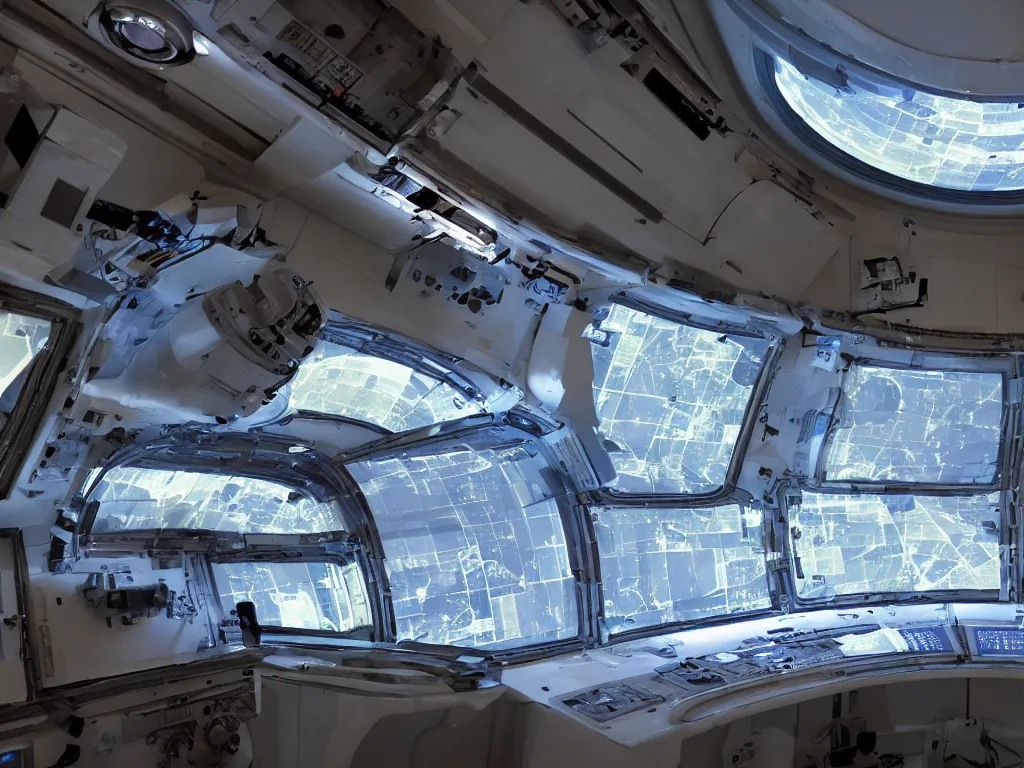 Image similar to visor with curved translucent screens projecting detailed space station images, pixel perfect photograph, high contrast, volumetric lighting, thin glowing lights, chair, users, pair of keys
