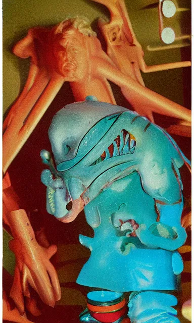 Image similar to colorful crystal gary busey creature, 9 0 s toy commercial, photo from the 7 0 s, horror lighting, neon lighting, polaroid photo,