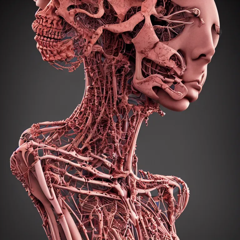 Image similar to portrait of beautiful!! horizontally symmetrical!! ceramic woman's head with coral!! reef hair. torso, skeleton!, biomechanical android. soft light painted by james jean and moebius!!!, inspired by mary jane ansell, smooth face feature, horizontal symmetry, intricate oil painting, high detail 3 d render, high detail