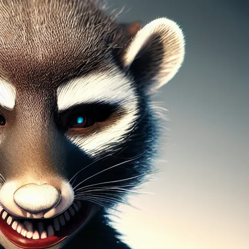 Prompt: portrait of a smiling devious racoon, dramatic lighting, 3d rendered in octane, trending on cgsociety,