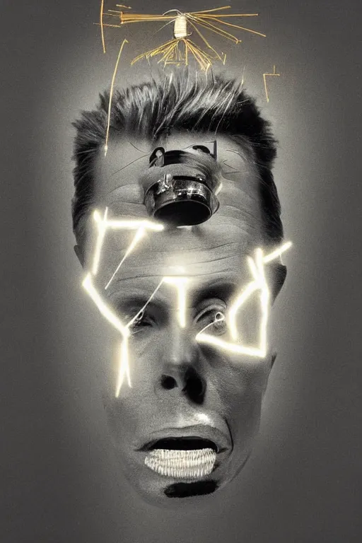 Image similar to portrait of david bowie's head inside an upside down light bulb, kintsugi, modern fine art, fractal, intricate, elegant, highly detailed, digital photography, subsurface scattering, by banksy and basquiat and greg rutkowski,