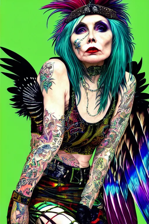 Image similar to portrait of debbie harry as a punk woman with green mohawk, neotraditional tattoos, fishnets, long tartan skirt as phoenix queen, feathers, wings, rainbow clothes,, sci - fi, intricate and very very beautiful and elegant, highly detailed, digital painting, artstation, smooth and sharp focus, illustration, art by tian zi and wlop and alphonse mucha