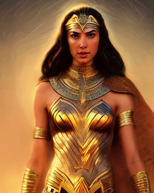 Image similar to Gal Gadot as a beautiful Egyptian princess, gorgeous, portrait, Symmetrical, powerful, intricate, beautiful, masterpiece, elegant, volumetric lighting, highly detailed, artstation, sharp focus, no cropping, illustration, Jean-Leon Gerome , ruan jia