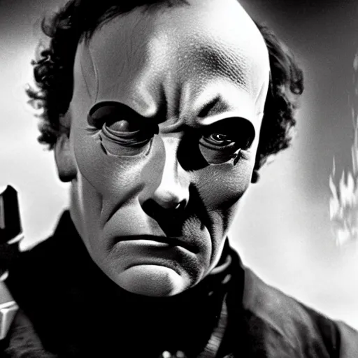 Image similar to movie still of a villain cyborg, facial expression, cinematic composition, cinematic light, by edgar allan poe and issac asimov