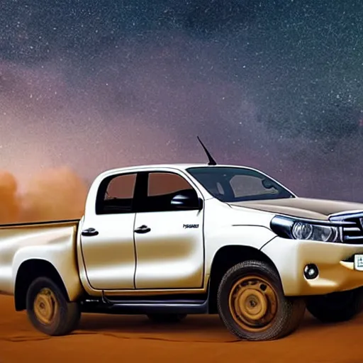 Prompt: A realistic digital photograph of Jeremy Clarkson from the television show Top Gear driving a Toyota Hilux pickup truck to the Moon