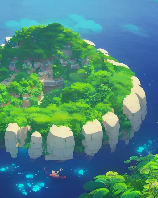 Image similar to a turtle shaped island, lush vegetation, azure water, glowing light, cory loftis, james gilleard, atey ghailan, makoto shinkai, goro fujita, studio ghibli, rim light, exquisite lighting, clear focus, very coherent, plain background, soft painting