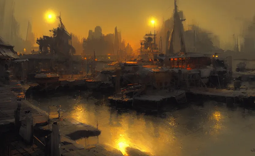 Image similar to an old harbour at dusk by greg ruthkowski and craig mullins