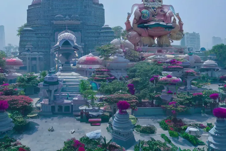 Image similar to beautiful futuristic 3 d new delhi, sharp sci - fi ganesha!! building, kalighat flowers, octane highly detailed cinematic, stephen shore & john j. park, soft morning light, wide shot, high angle, uhd 8 k, shallow depth of field