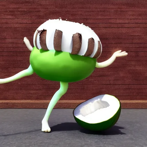 Image similar to The friendly coconut character with a face arms and legs jumps for joy! Action photo. Highly stylized. Anime.