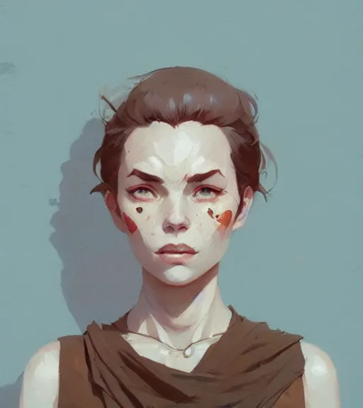 Image similar to portrait of a woman raised on the island face tatooes by atey ghailan, by greg rutkowski, by greg tocchini, by james gilleard, by joe fenton, by kaethe butcher, dynamic lighting, gradient light blue, brown, blonde cream and white color scheme, grunge aesthetic