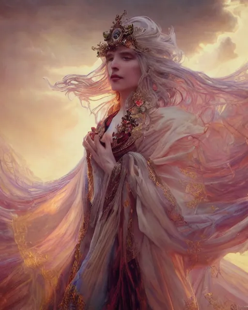 Image similar to a beautiful close up portrait of a sorceress floating on air with elegant looks, flowing robe, ornate and flowing, intricate and soft by ruan jia, tom bagshaw, alphonse mucha, wlop, beautiful roman architectural ruins in the background, epic sky, vray render, artstation, deviantart, pinterest, 5 0 0 px models