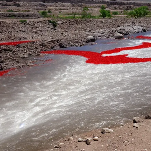 Prompt: image of a river of blood flowing near pyramids