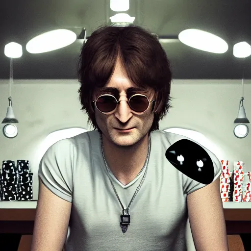 Image similar to john lennon playing poker, hyper detailed, dramatic lighting, cgsociety, realistic, hyper detailed, insane details, intricate, dramatic lighting, hypermaximalist, golden ratio, rule of thirds, octane render, weta digital, micro details, ultra wide angle, artstation trending, 8 k,