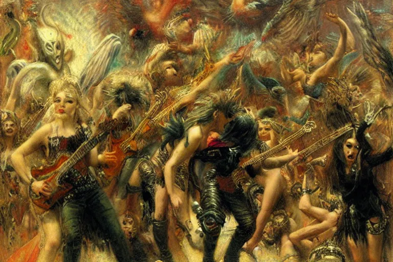 Image similar to punk rock paradise lost, lucifer playing guitar in pandemonium to a crowd of fallen angels. art by gaston bussiere.