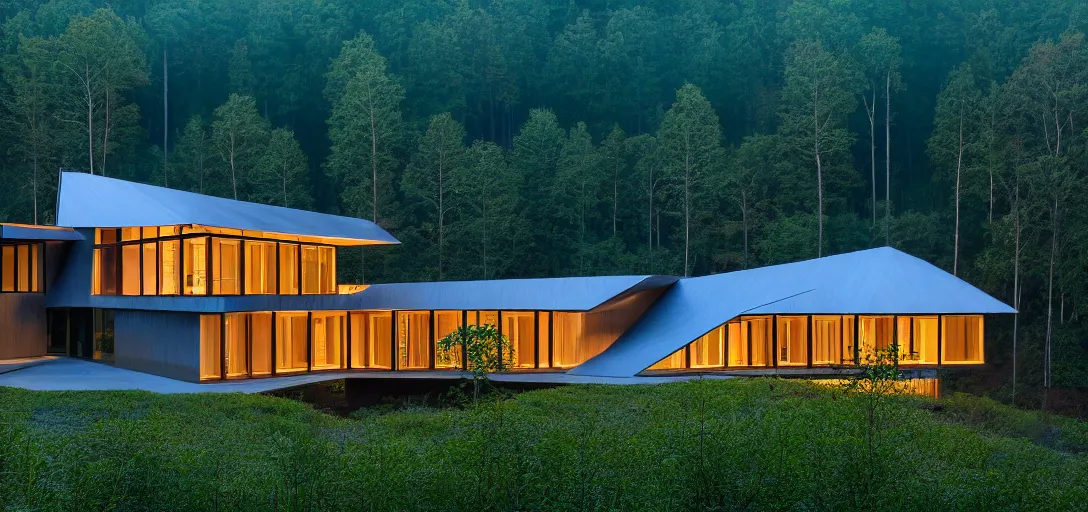 Image similar to faceted roof planes lift and descend creating shade and architectural expression, house, highly detailed, situated in the forest, next to a highly reflective lake, at dusk, vivid color, 4 k photography, mist, architecture luxury