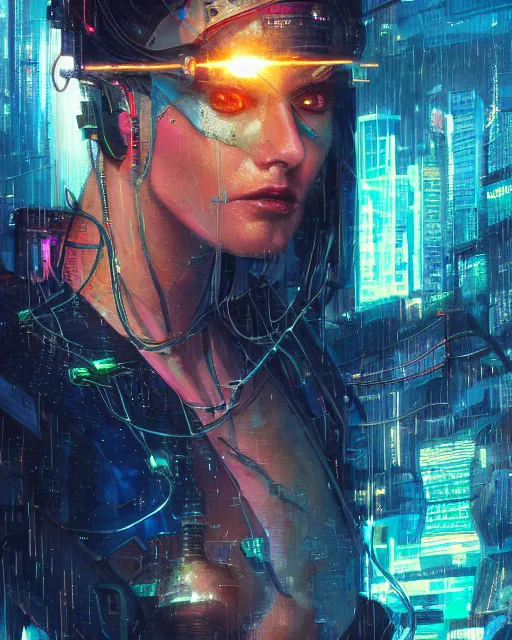 Prompt: a cyberpunk close up portrait of cyborg greek goddess, electricity, sparks, bokeh, soft focus, sparkling, glisten, water drops, cold, dark, geometric, temples behind her, by paul lehr, jesper ejsing