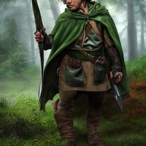 Image similar to a clean shaven rugged warrior hobbit in leather armor with very short hair and a dark green cloak and dark green hood hiking through the forest holding a hunting bow, clean shaven, trending on artstation, realistic, detailed, by Tony Sart