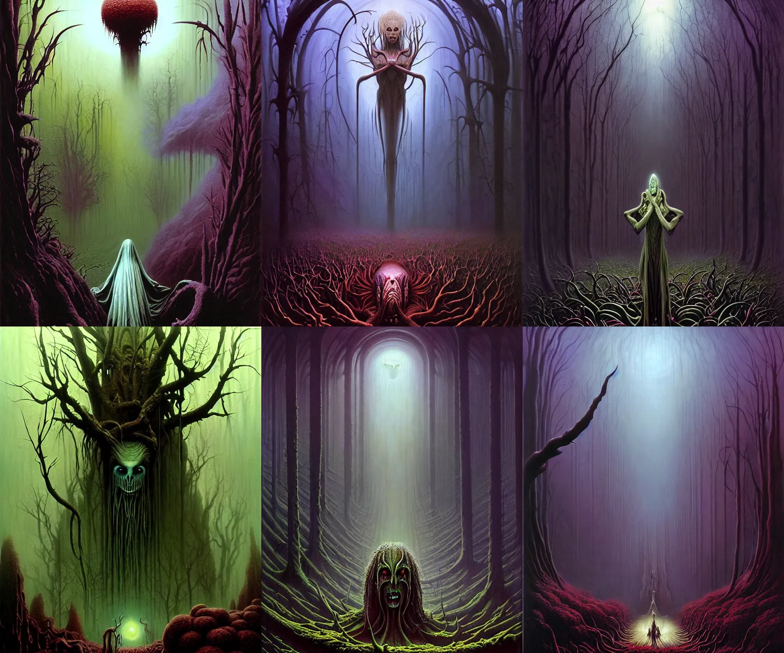 Prompt: a cinematic masterpiece dark horror gothic painting of exotic alien mystical gothic forest of fear horror despair sorrow and misery at midnight, exotic flora, by Marc Simonetti, by Alex Grey, by Wayne Barlowe, by Paul Lehr, by Tim Hildebrandt, by Bruce Pennington, by Zdzisław Beksiński, oil on canvas, masterpiece, trending on artstation, featured on pixiv, cinematic composition, beautiful lighting, sharp, details, hyper-detailed, no frames, HD, HDR, 4K, 8K