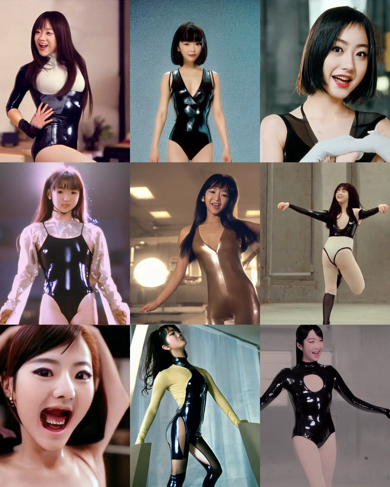Prompt: Worksafe,clothed.1990s,unbelievably beautiful,perfect,dynamic,epic,cinematic movie shot of a close-up beautiful cute young J-Pop AV idol actress girl in latex leotard,expressing joy.By a Iranian movie director.Motion,VFX,Inspirational arthouse,high budget,hollywood style,at Behance,at Netflix,Instagram filters,Photoshop,Adobe Lightroom,Adobe After Effects,taken with polaroid kodak portra